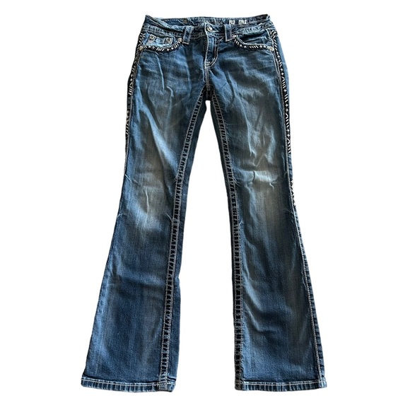 MISS Me Jeans Womens 28 Bootcut Rhinestone Embroidered Stripe Western Country - Picture 2 of 14